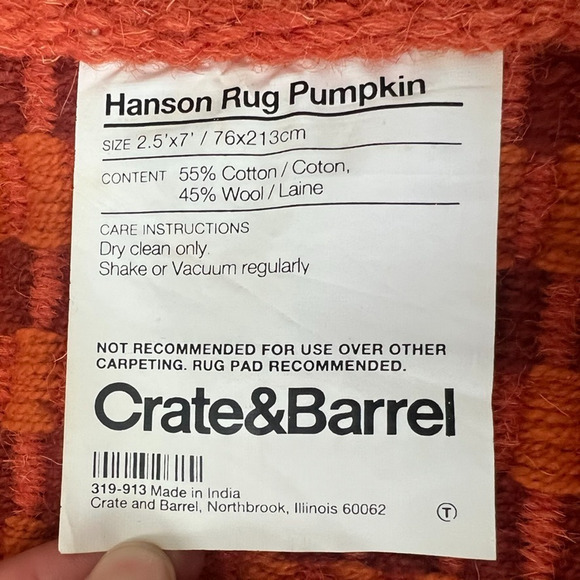 Crate and Barrel Hanson Runner Rug 2.5' x 7' Pumpkin Square Cotton Wool - Picture 4 of 6